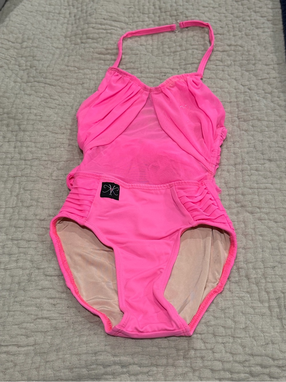 Kandi Kouture Pink Dance Costume Leotard CM 5/6 Glitter Mesh Bow